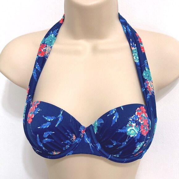 VICTORIAS SECRET VS Floral Push Up Bikini Blue Halter Swim Bra Top Womens 32B - Picture 1 of 10